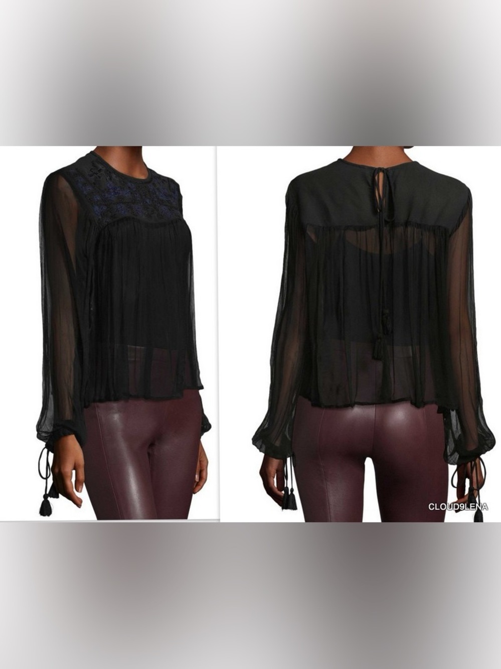 Free People Black Sheer Embroidered Retro Femme Blouse Medium